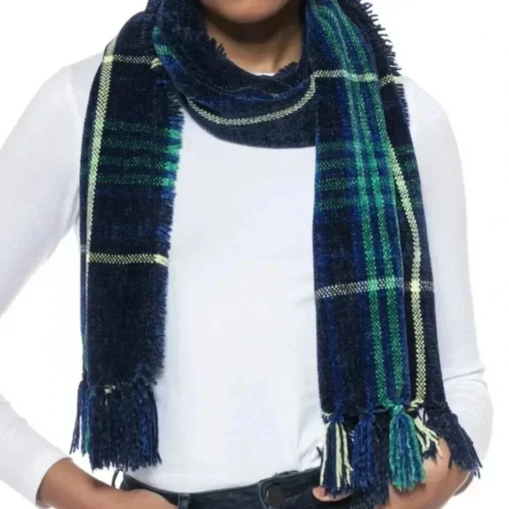 Charter Club Chenille Scarf Plaid Fringed Navy Blue Multicolored